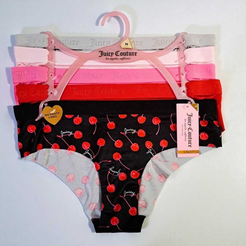 Juicy Couture Med 5-Pack No Panty Lines Pink & Black Red Cherry Panties